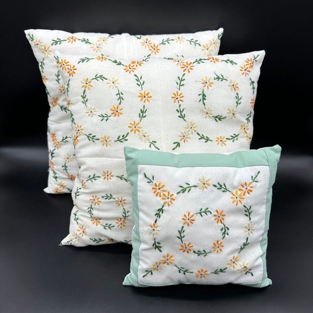 Vintage Throw Pillows Embroidered Floral Peach Green White Set Of 3 Cottagecore